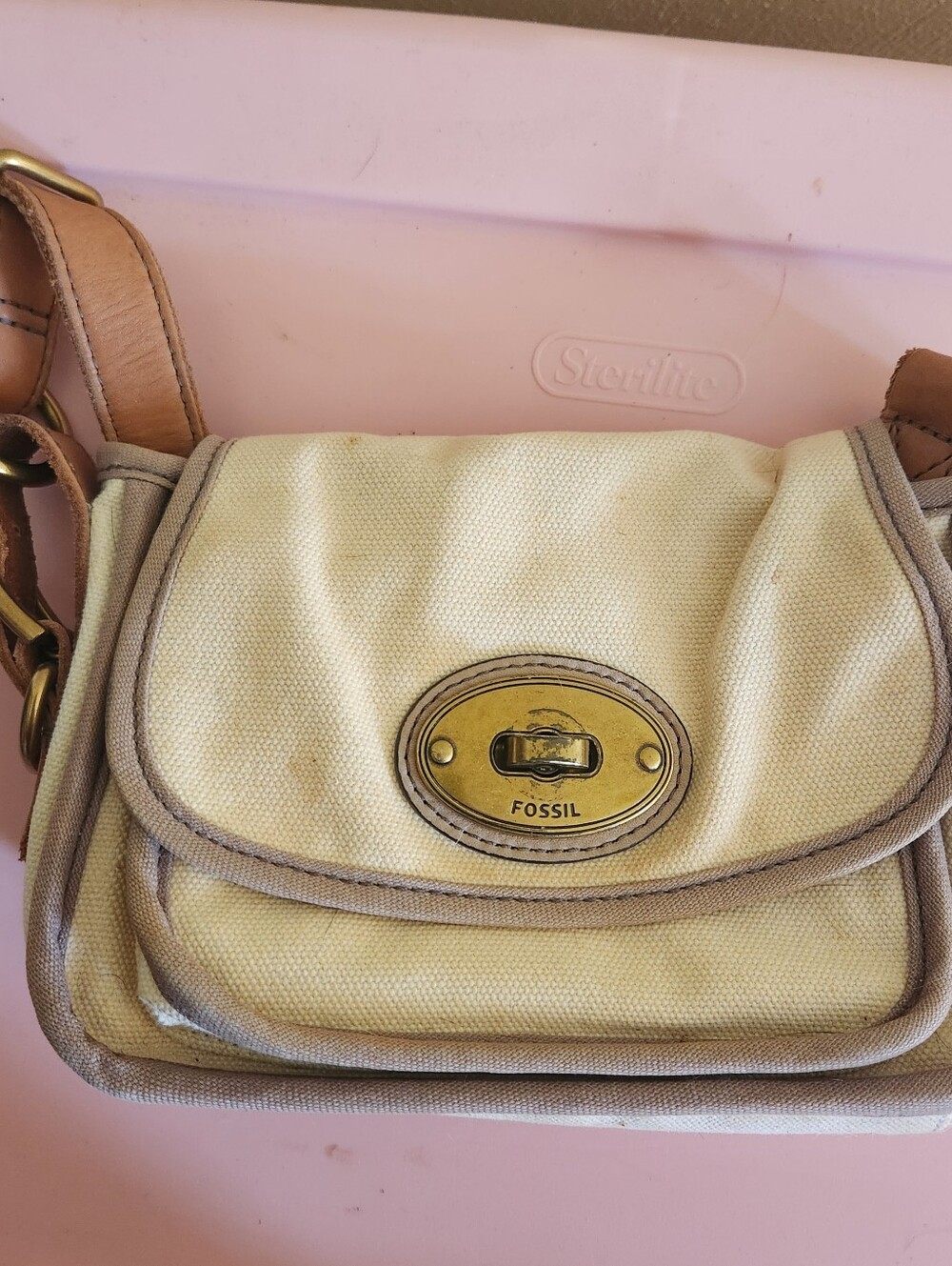 Fossil Cream Canvas Crossbody with Tan Trim